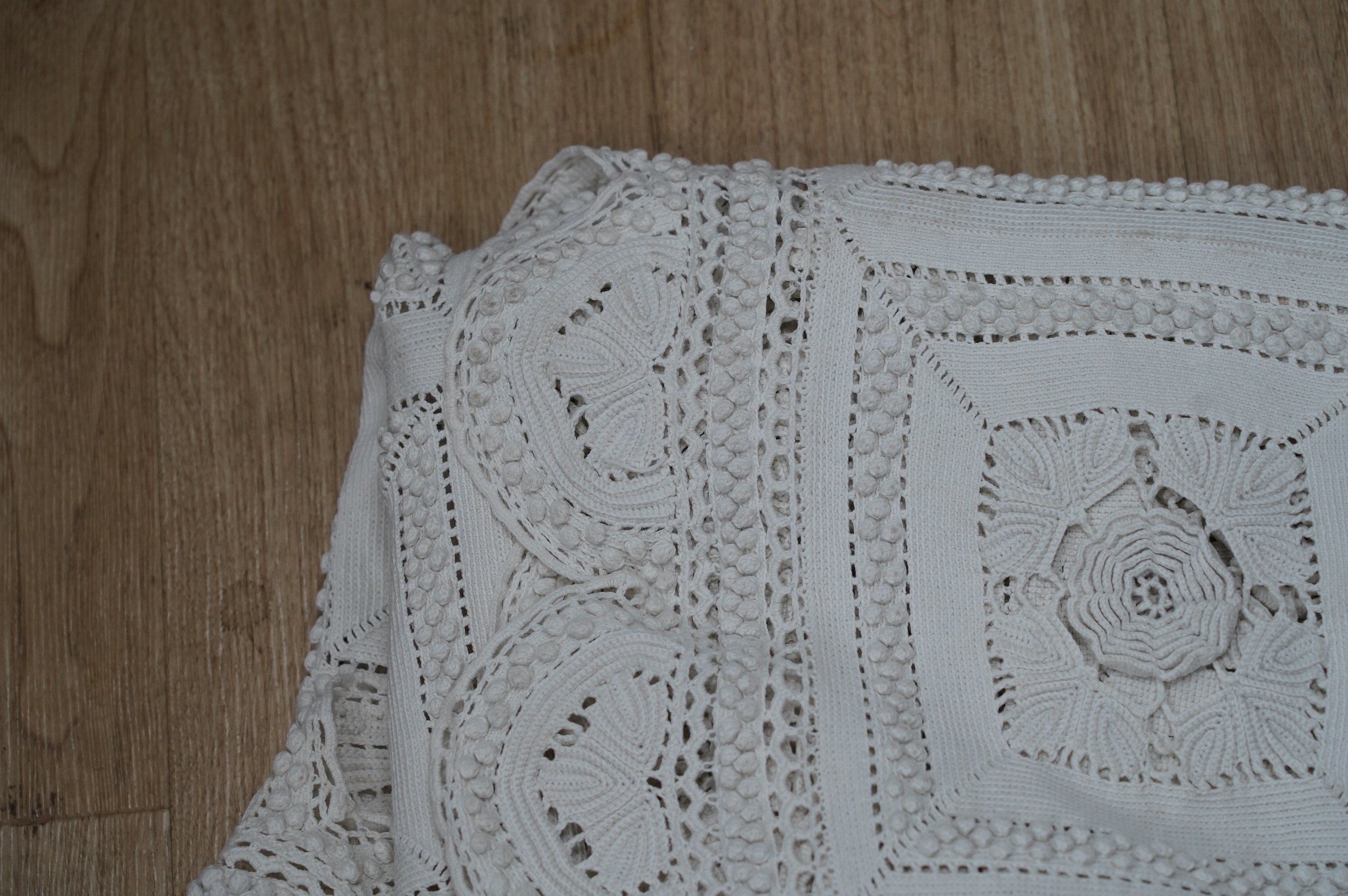 A 19th century French Provincial crochet bed cover. Condition - fair to good